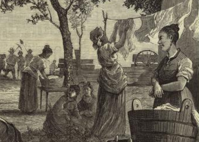 A nineteenth-century engraving of women working in an encampment.