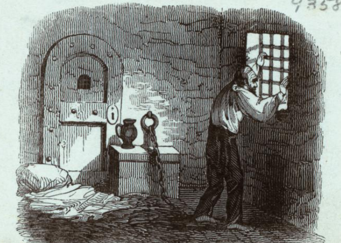 An engraving of a man looking through a prison cell window.