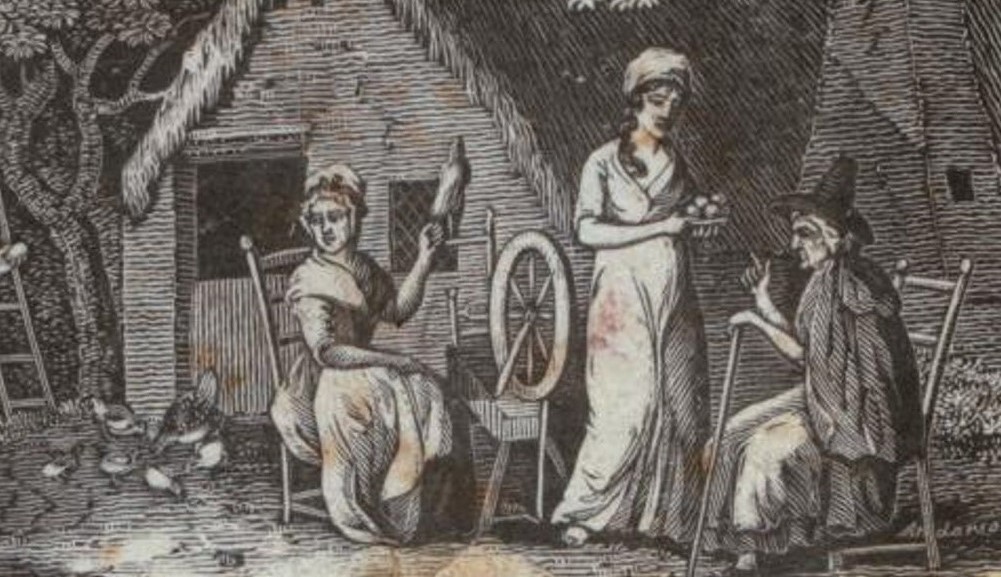 An engraving of women doing domestic tasks. 