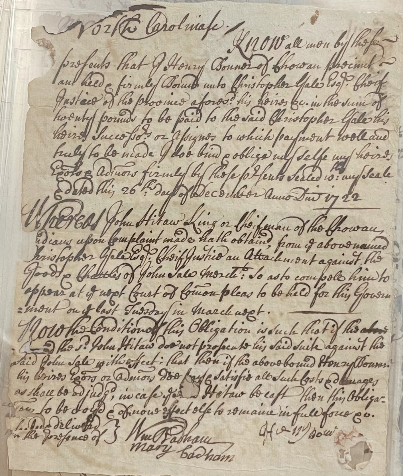 Bond of Prosecution for Henry Bonner, 26 December 1722, page 1