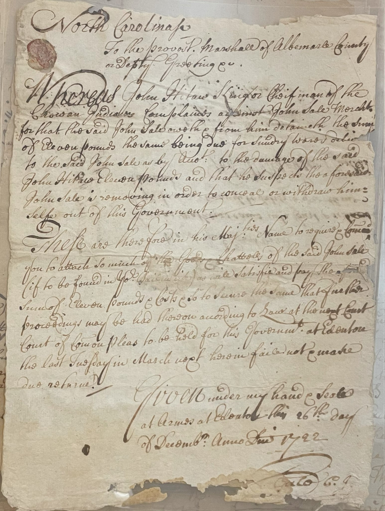 Attachment Bond for John Sale, 26 December 1722, page 1